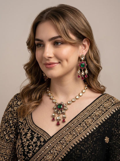 Indian Kundan Jewelry Set/ Bollywood Jewelry/ Designer Kundan Necklace Set/ Emerald Green Ruby Floral Pendant/ Pakistani Indian Jewelry (etsy image id: 7988173404)