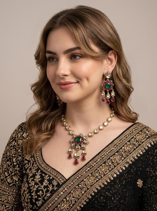 Indian Kundan Jewelry Set/ Bollywood Jewelry/ Designer Kundan Necklace Set/ Emerald Green Ruby Floral Pendant/ Pakistani Indian Jewelry (etsy image id: 7988173404)