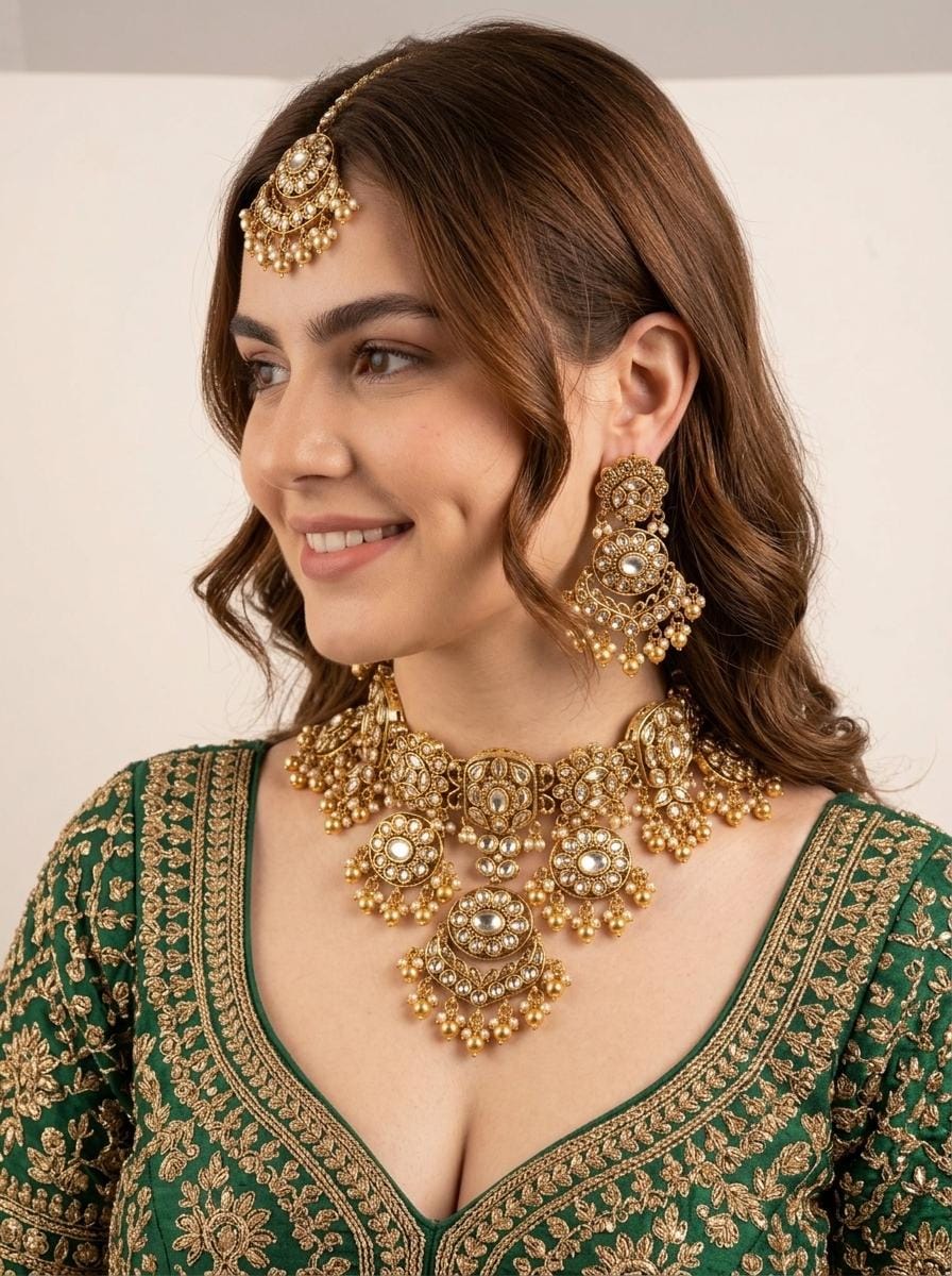 Premium Quality Kundan Bridal Set/Indian Bridal Jewelry/ Antique Gold Earrings and Tikka/ Heavy Bridal Choker Set/ Traditional Jewelry (etsy image id: 7988189420)