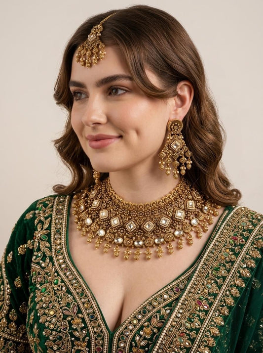 Luxury Antique Gold Choker Set/ Designer Choker Necklace Set/ Indian Bridal Jewelry Set/ Traditional Jewelry/ Reception/ Wedding/ Vintage (etsy image id: 7988205782)