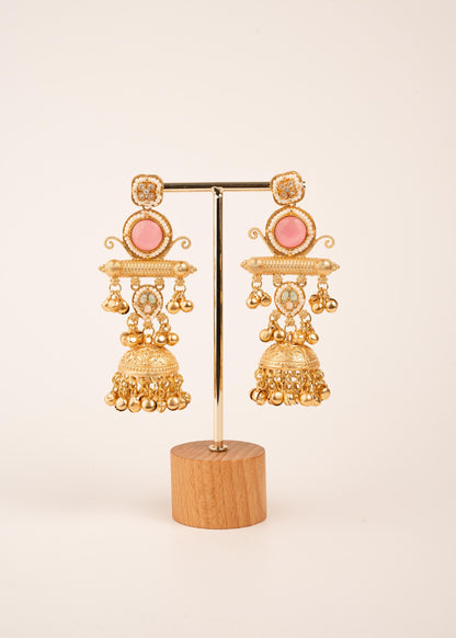 Gold Plated Kashmiri Earrings/ Ghungroo Earrings/ Indian Jewelry/ Kundan Polki Earrings/ Antique Gold Jhumkas/  Dangler Earrings/ Pink/ Ruby (etsy image id: 7995494894)