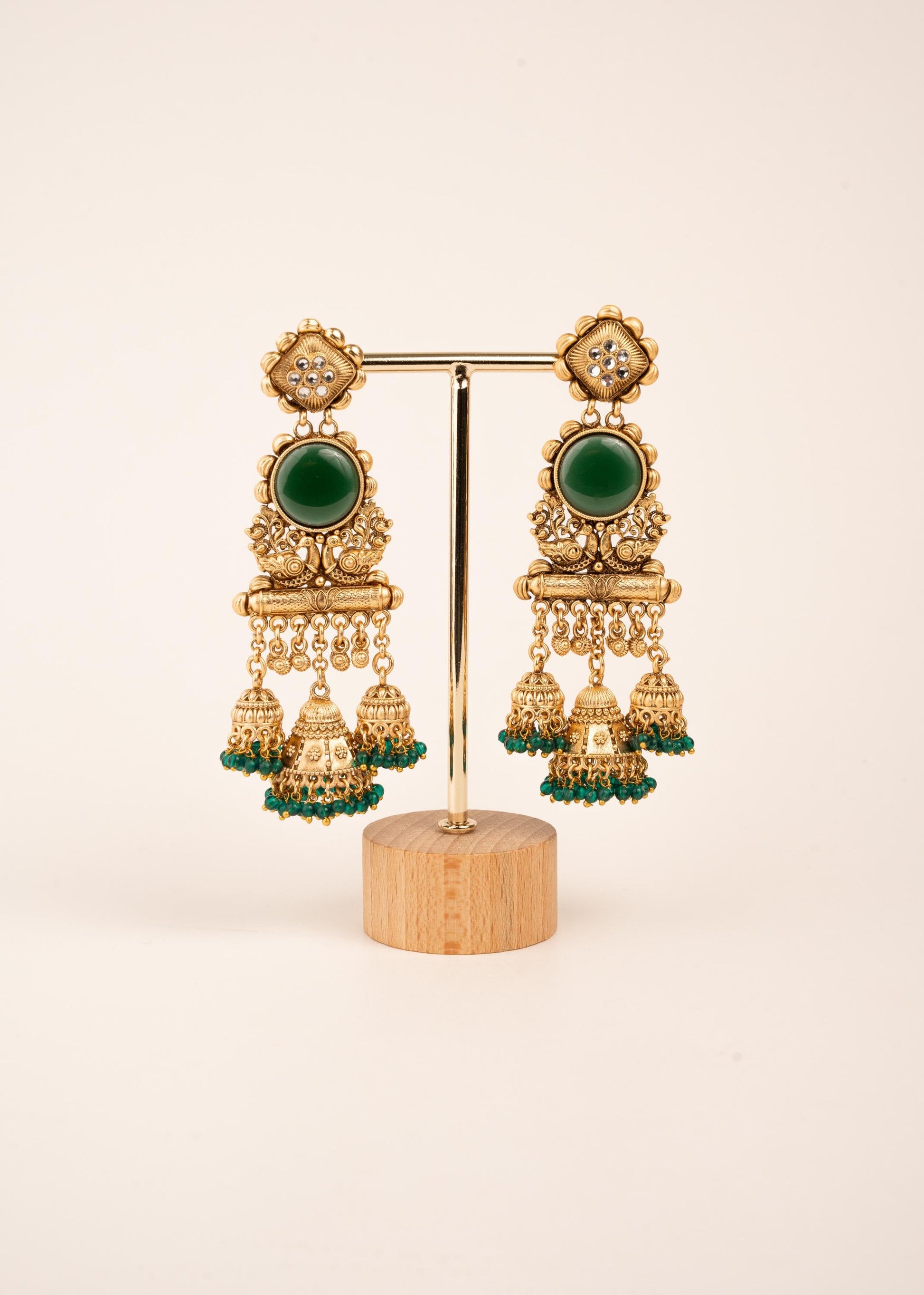 Designer Kashimiri Temple Jhumka Earrings/ Ghungroo Earrings/ Sabyasachi Inspired Earrings/ Antique Gold Jhumka Earrings/ Emerald/ Ivory (etsy image id: 7995586694)