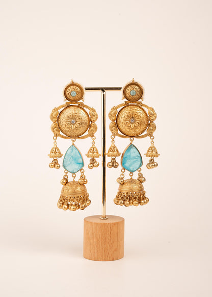 Kashmiri Gold Plated Chandbali Jhumka Earrings/ Ghungroo Earrings/ Indian Earrings/ Blue/ Pink/ Teal/ Wedding Jewelry/ Pakistani Jewelry/ (etsy image id: 7995635676)