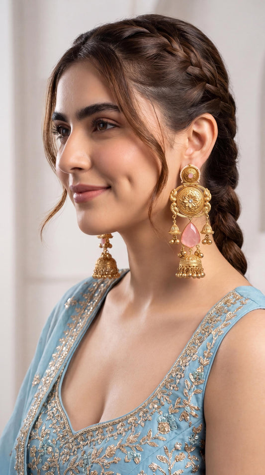 Kashmiri Gold Plated Chandbali Jhumka Earrings/ Ghungroo Earrings/ Indian Earrings/ Blue/ Pink/ Teal/ Wedding Jewelry/ Pakistani Jewelry/ (etsy image id: 7999243908)
