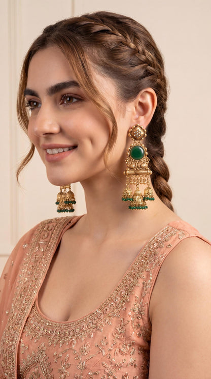 Designer Kashimiri Temple Jhumka Earrings/ Ghungroo Earrings/ Sabyasachi Inspired Earrings/ Antique Gold Jhumka Earrings/ Emerald/ Ivory (etsy image id: 7999249100)