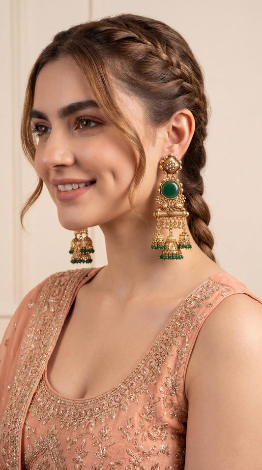 Designer Kashimiri Temple Jhumka Earrings/ Ghungroo Earrings/ Sabyasachi Inspired Earrings/ Antique Gold Jhumka Earrings/ Emerald/ Ivory (etsy image id: 7999249100)