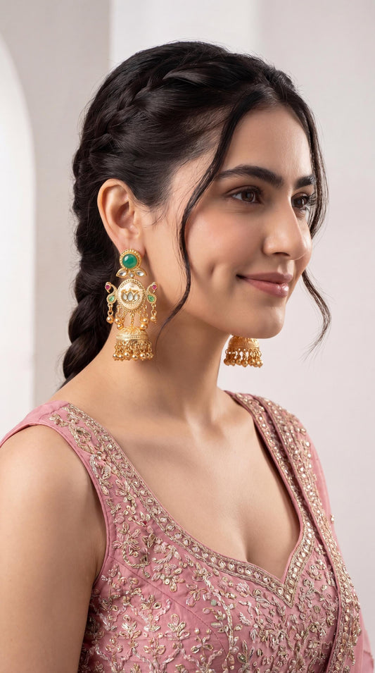 Kashmiri Kundan Jhumka Earrings/ Antique Gold Earrings/ Ghungroo Earrings/ Trendy Jewelry/ Long Earrings/ Viral Kashmiri Earrings/ Emerald (etsy image id: 7999256248)