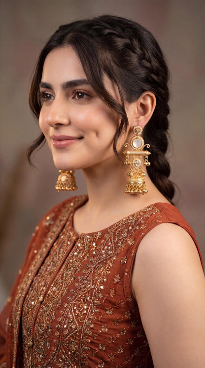 Gold Plated Kashmiri Earrings/ Ghungroo Earrings/ Indian Jewelry/ Kundan Polki Earrings/ Antique Gold Jhumkas/  Dangler Earrings/ Pink/ Ruby (etsy image id: 7999258696)