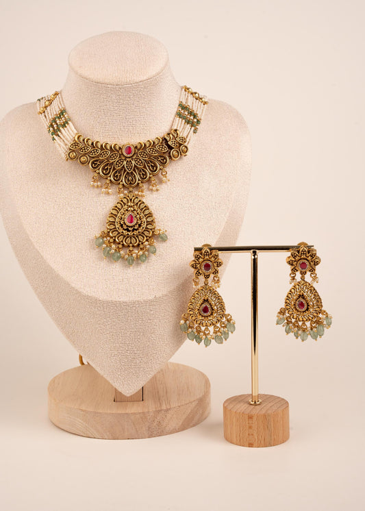 Antique Gold Choker Necklace Set/ South Indian Temple Jewelry Set/ Green Bead Drop Earrings/ Festive Wear Choker/ Indian Pakistani Jewelry (etsy image id: 8022311447)