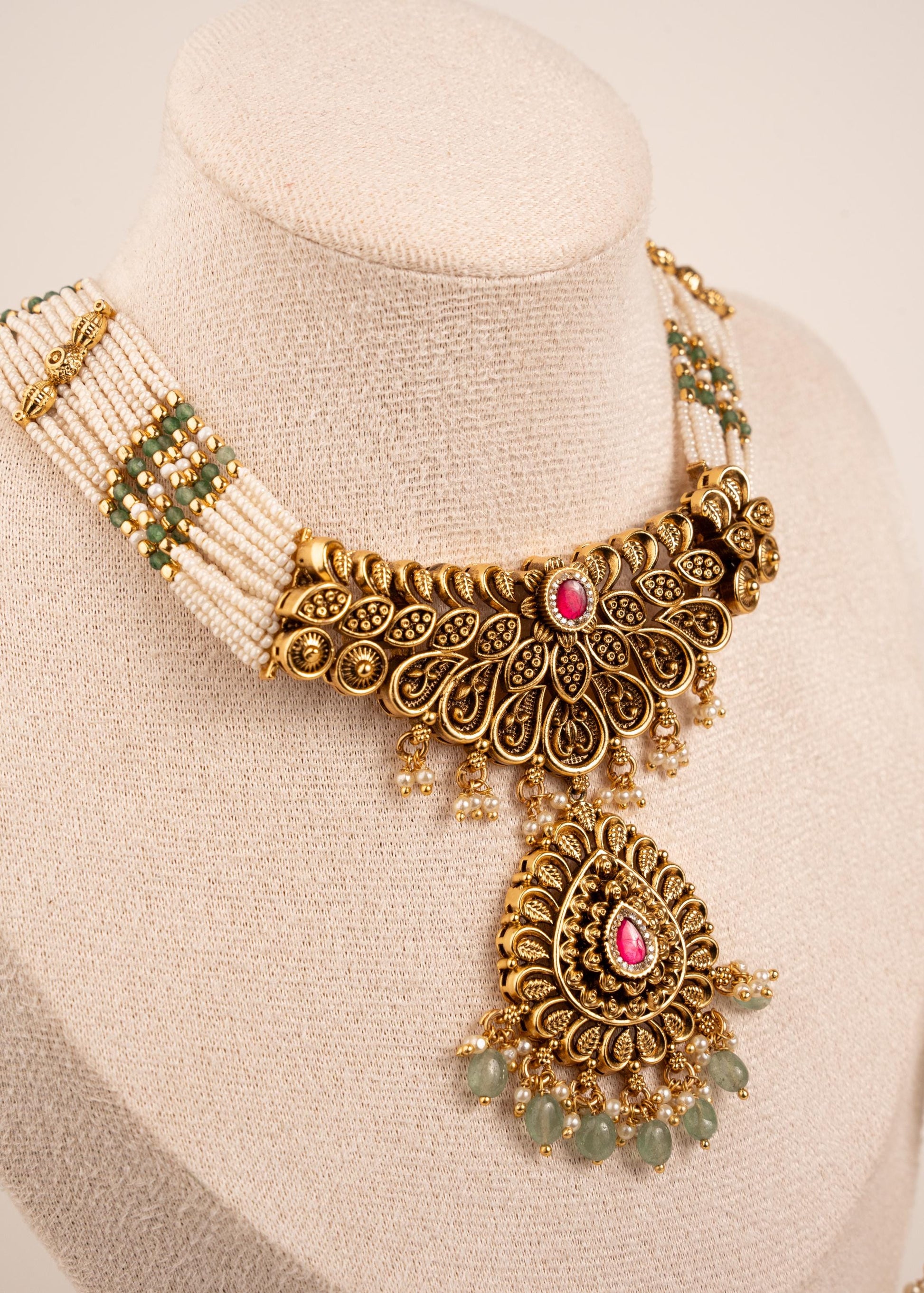 Antique Gold Choker Necklace Set/ South Indian Temple Jewelry Set/ Green Bead Drop Earrings/ Festive Wear Choker/ Indian Pakistani Jewelry (etsy image id: 8022312189)