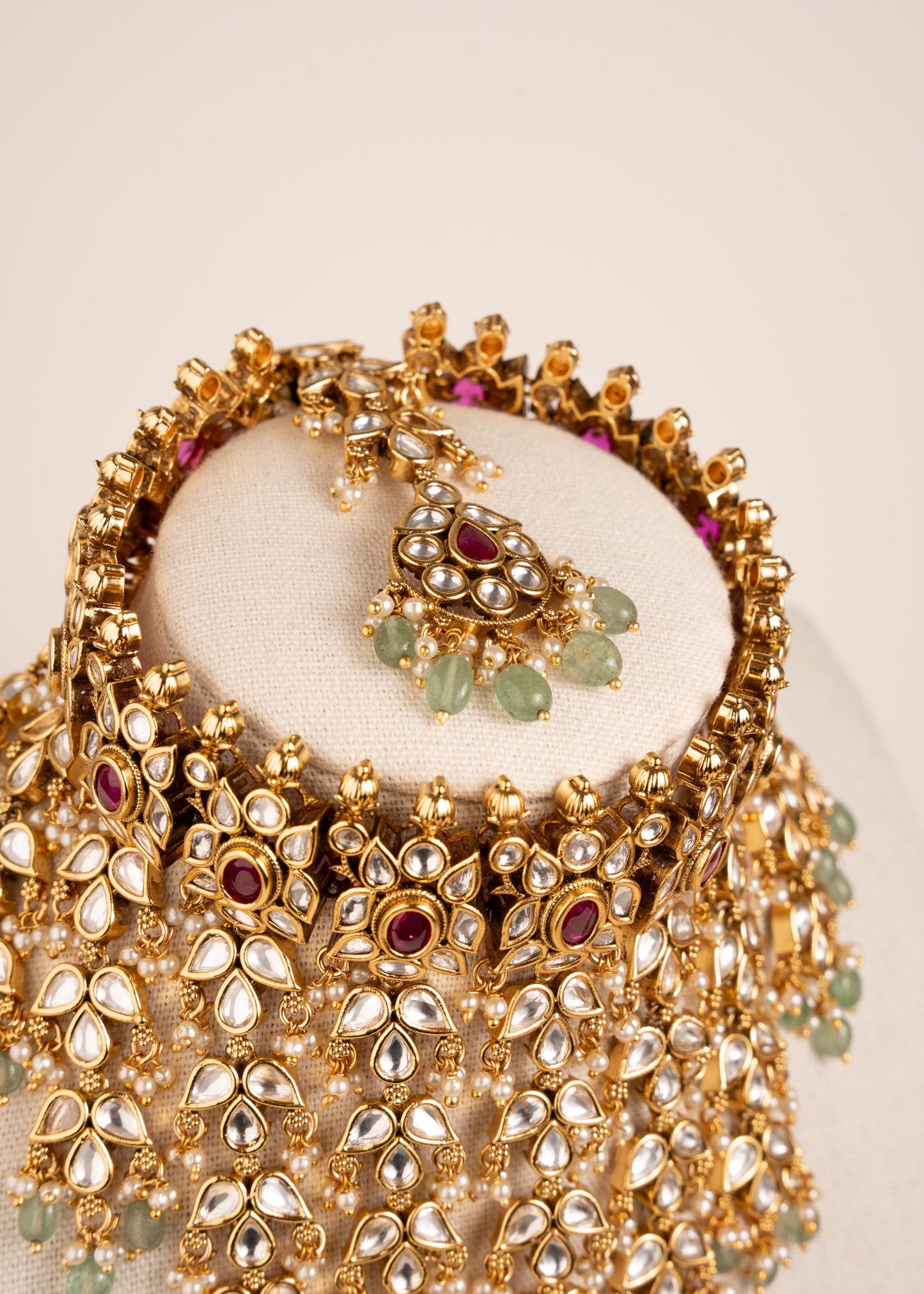 Royal Polki Kundan waterfall Choker Set/ Antique Gold Bridal Necklace Set with Green Beads/ Indian Wedding Jewelry/ Heavy Bridal Necklace