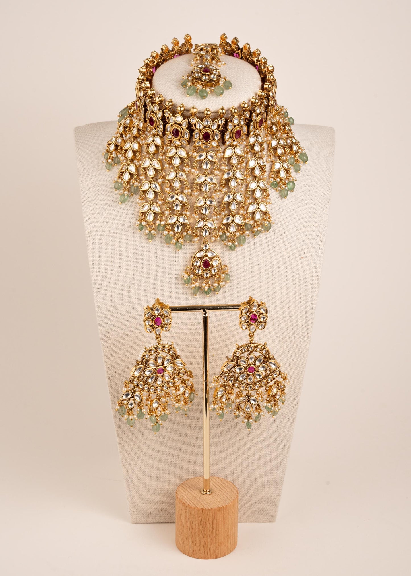 Royal Polki Kundan waterfall Choker Set/ Antique Gold Bridal Necklace Set with Green Beads/ Indian Wedding Jewelry/ Heavy Bridal Necklace