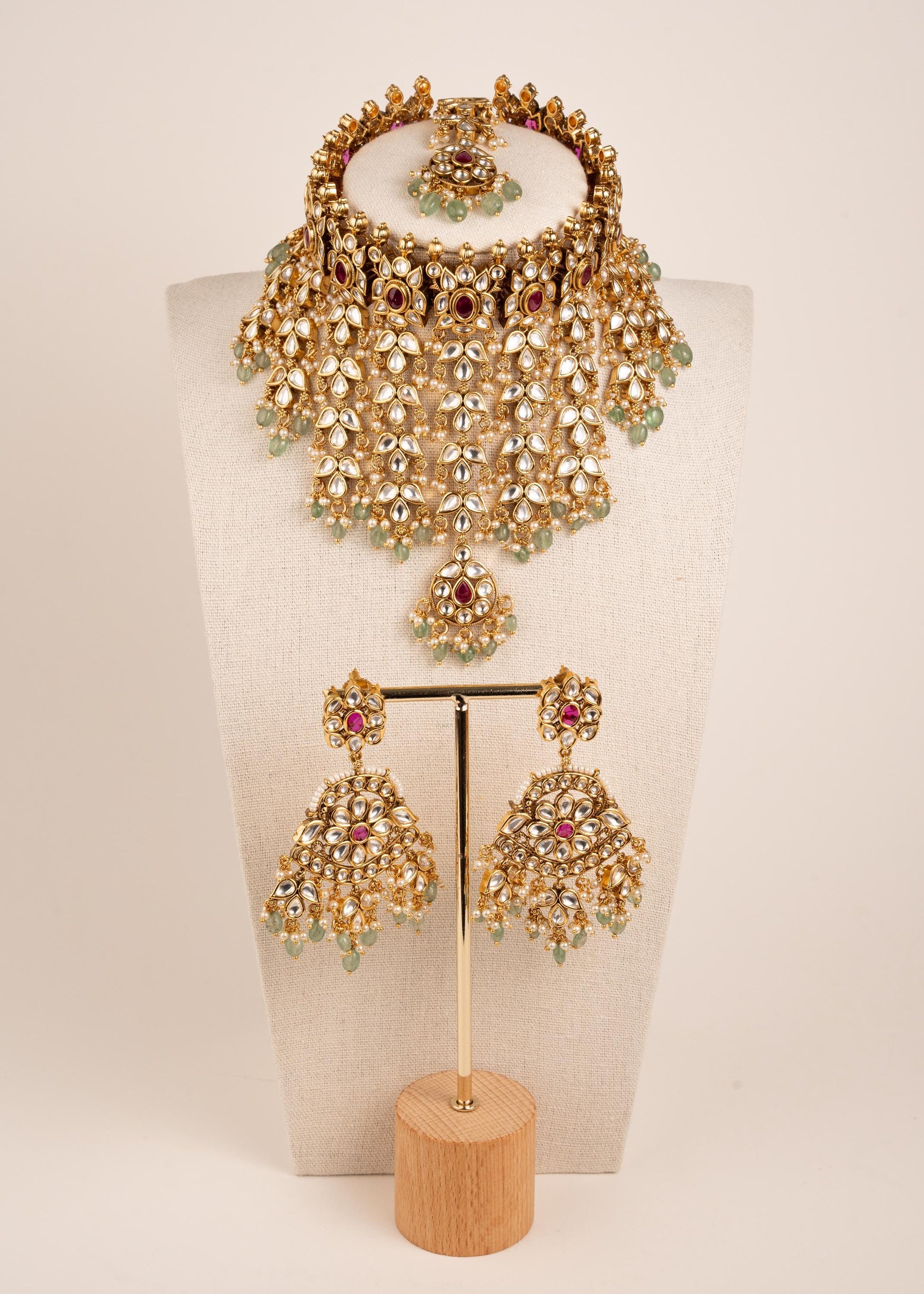 Royal Polki Kundan waterfall Choker Set/ Antique Gold Bridal Necklace Set with Green Beads/ Indian Wedding Jewelry/ Heavy Bridal Necklace