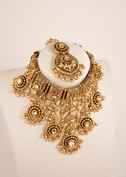 Premium Gold Plated Bridal Choker Necklace Set/ Traditional Antique Gold Kundan Jewelry/Indian Heavy Bridal Jewelry/ Pakistani Jewelry (etsy image id: 8022388807)