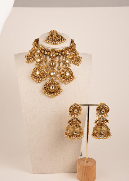 Antique Gold Kundan Waterfall Necklace with Jhumka Earrings/ Indian Bridal Jewelry/ Statement Wedding Necklace/ Luxury Ethnic/ Festive Wear (etsy image id: 8022427405)