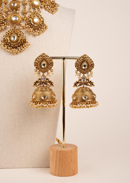 Antique Gold Kundan Waterfall Necklace with Jhumka Earrings/ Indian Bridal Jewelry/ Statement Wedding Necklace/ Luxury Ethnic/ Festive Wear (etsy image id: 8022428075)