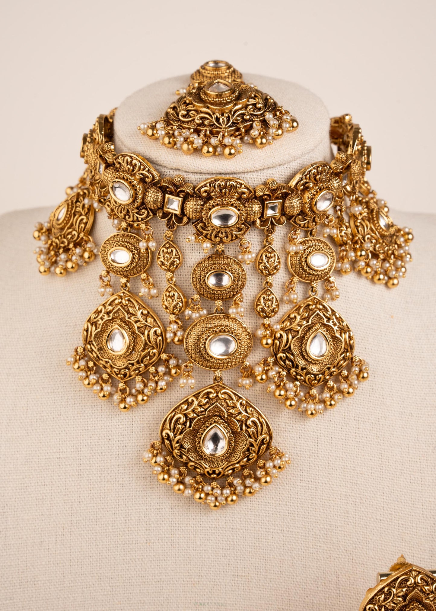 Antique Gold Kundan Waterfall Necklace with Jhumka Earrings/ Indian Bridal Jewelry/ Statement Wedding Necklace/ Luxury Ethnic/ Festive Wear (etsy image id: 8022430569)