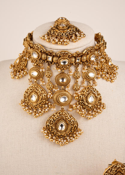 Antique Gold Kundan Waterfall Necklace with Jhumka Earrings/ Indian Bridal Jewelry/ Statement Wedding Necklace/ Luxury Ethnic/ Festive Wear (etsy image id: 8022430569)