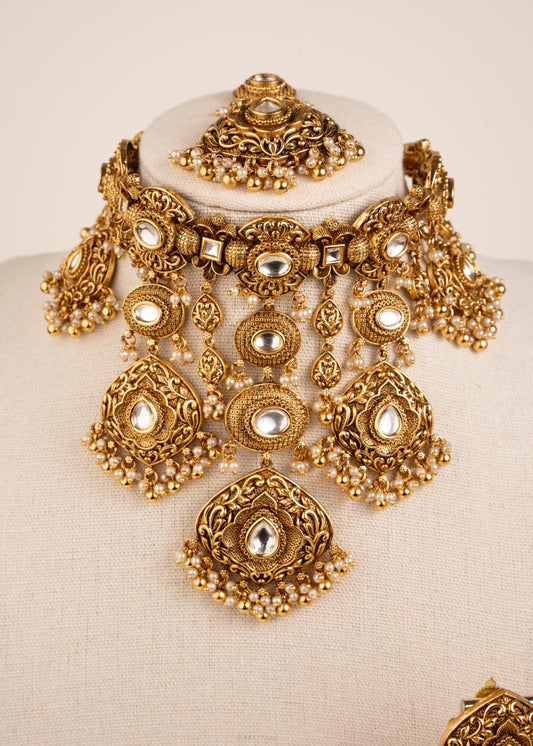 Antique Gold Kundan Waterfall Necklace with Jhumka Earrings/ Indian Bridal Jewelry/ Statement Wedding Necklace/ Luxury Ethnic/ Festive Wear (etsy image id: 8022430569)