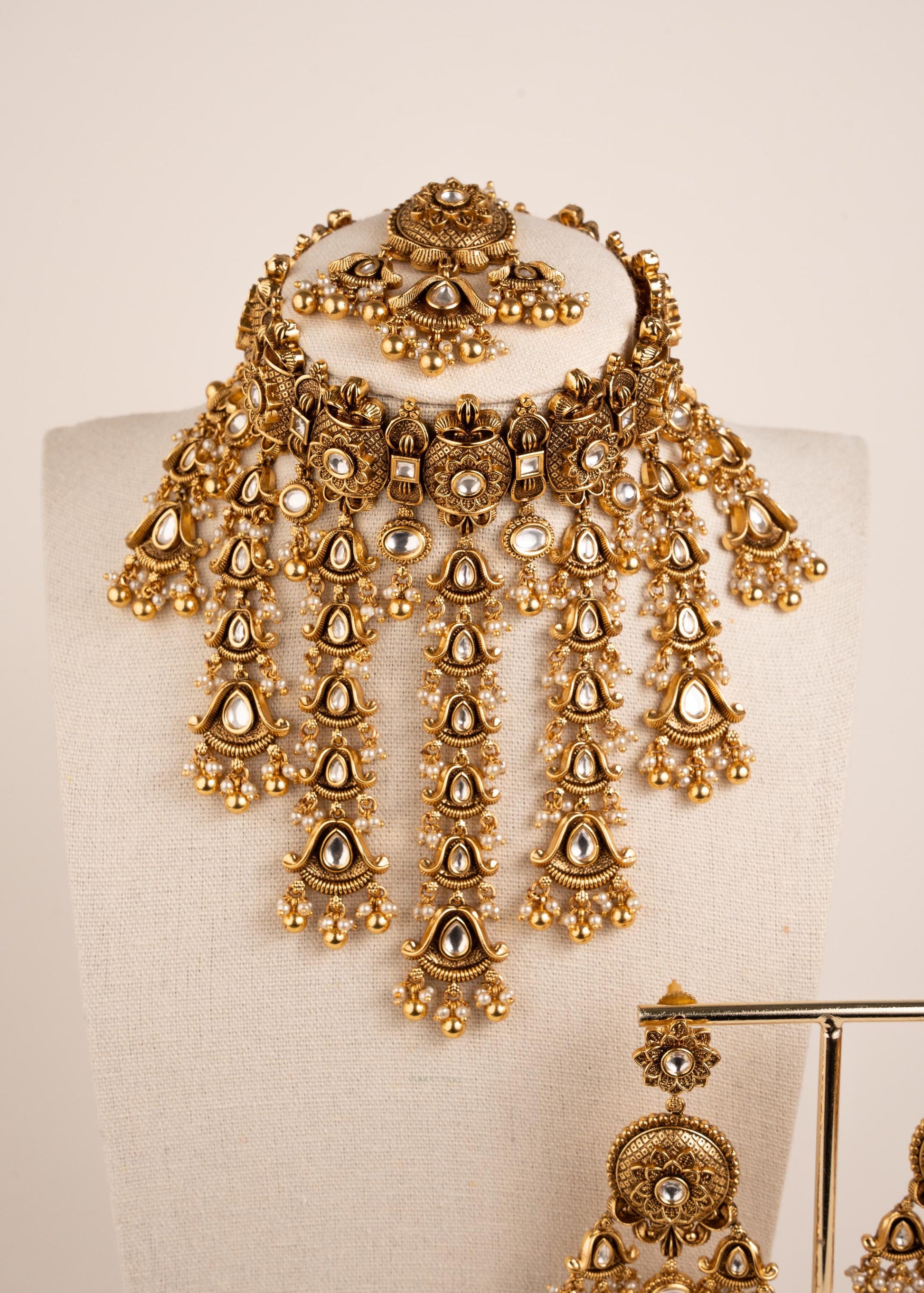 Premium Antique Gold Bridal Statement Necklace Set/ Indian Bridal Waterfall Choker Set/ Heavy Wedding Jewelry/ Kundan Bridal Necklace