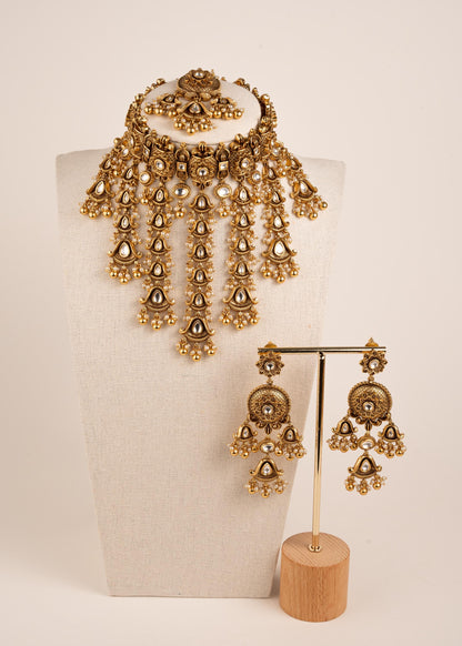 Premium Antique Gold Bridal Statement Necklace Set/ Indian Bridal Waterfall Choker Set/ Heavy Wedding Jewelry/ Kundan Bridal Necklace