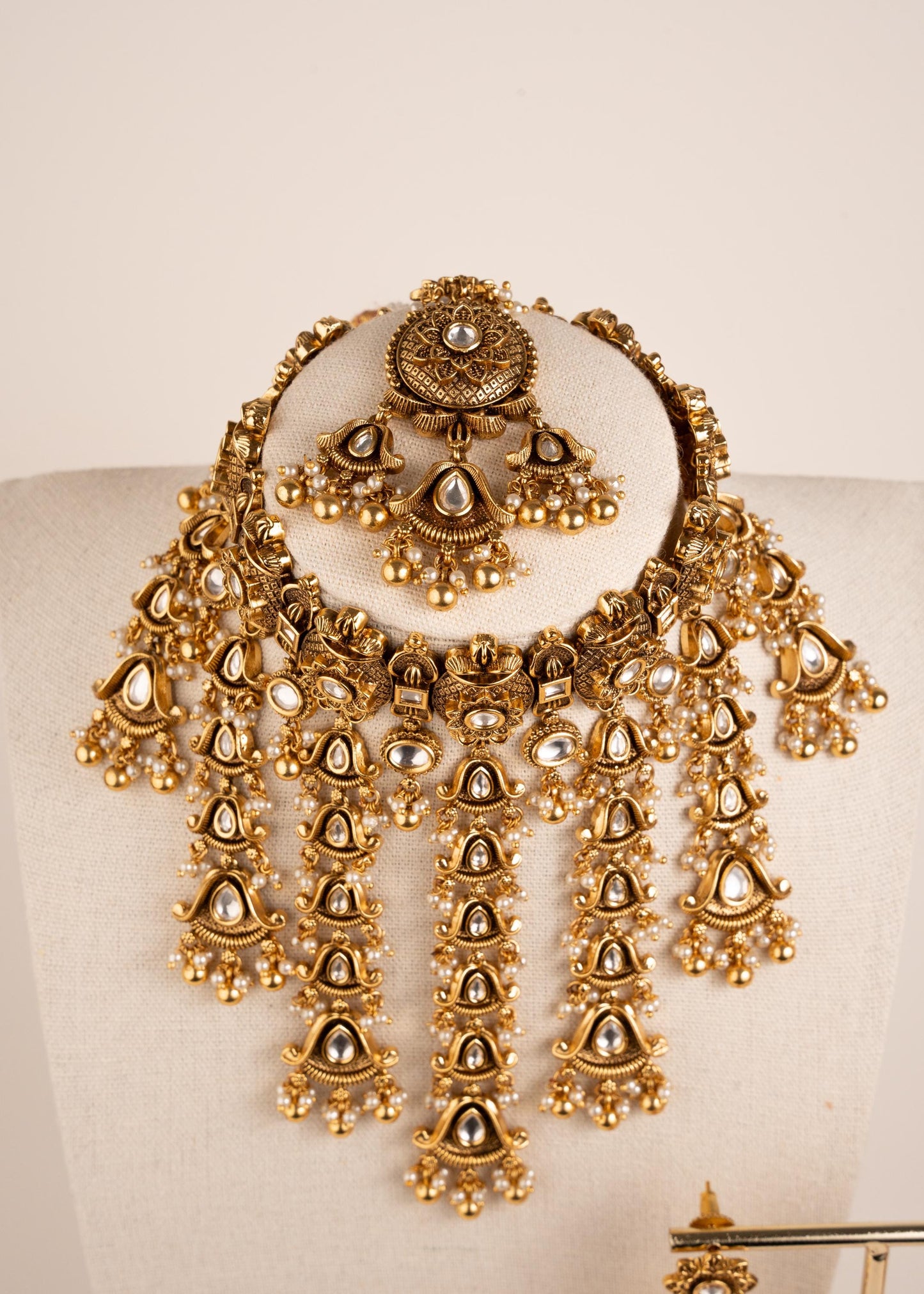 Premium Antique Gold Bridal Statement Necklace Set/ Indian Bridal Waterfall Choker Set/ Heavy Wedding Jewelry/ Kundan Bridal Necklace