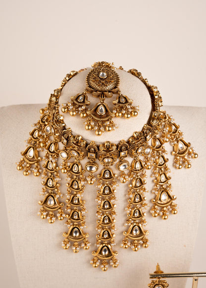Premium Antique Gold Bridal Statement Necklace Set/ Indian Bridal Waterfall Choker Set/ Heavy Wedding Jewelry/ Kundan Bridal Necklace