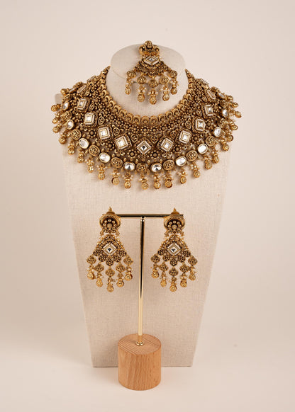 Luxury Antique Gold Choker Set/ Designer Choker Necklace Set/ Indian Bridal Jewelry Set/ Traditional Jewelry/ Reception/ Wedding/ Vintage (etsy image id: 8022486711)