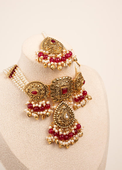 Viral Gold Plated Necklace Set with Maang Tikka/ Indian Jewelry/ Traditional Choker Necklace Set/ Pakistani Jewelry/ Statement Necklace