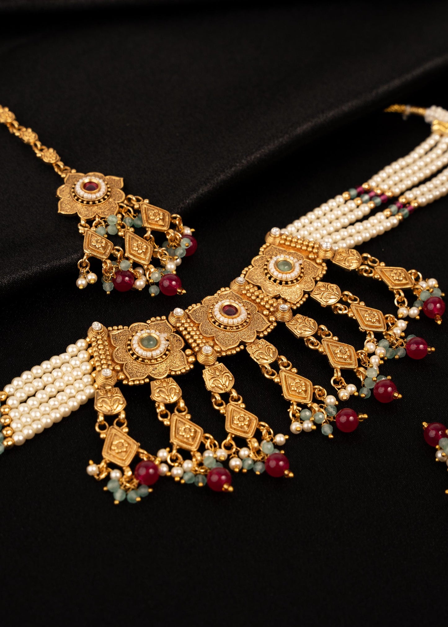 Gold Plated Pearl Choker Set with Beads/ Waterfall Necklace/ Indian Bridal Jewelry/ Antique Gold Necklace/ Multi/ Ruby/ Traditional Jewelry