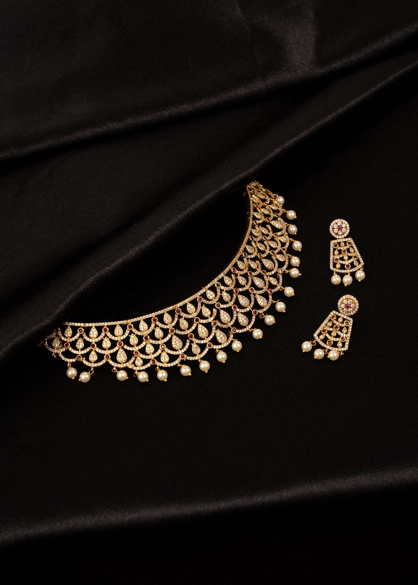 Luxury Moissanite Choker Necklace set with Pearl Drops/ Statement Moissanite Choker Necklace/ Indian Bridal Jewelry/ Gold Plated Moissanite