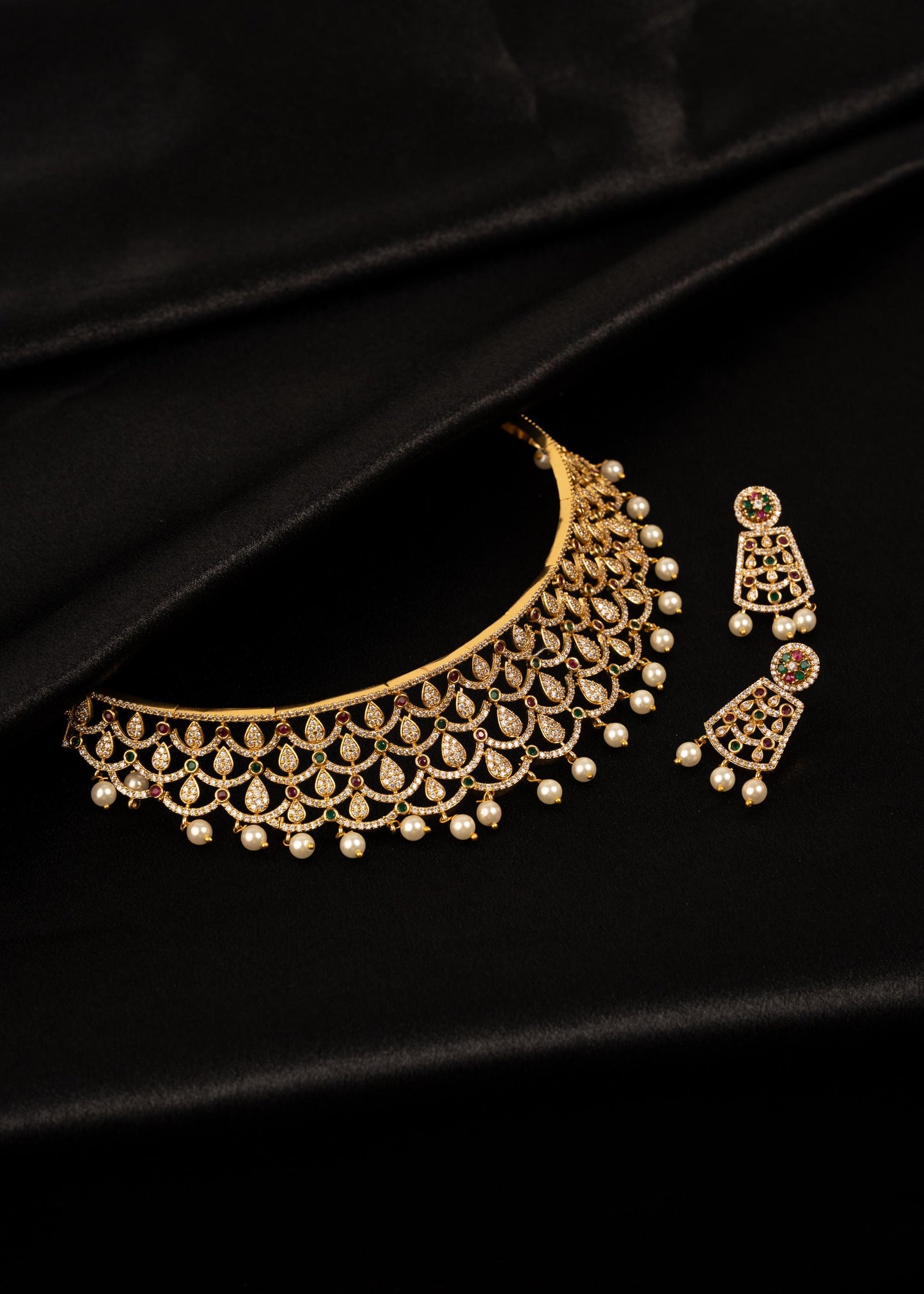 Luxury Moissanite Choker Necklace set with Pearl Drops/ Statement Moissanite Choker Necklace/ Indian Bridal Jewelry/ Gold Plated Moissanite