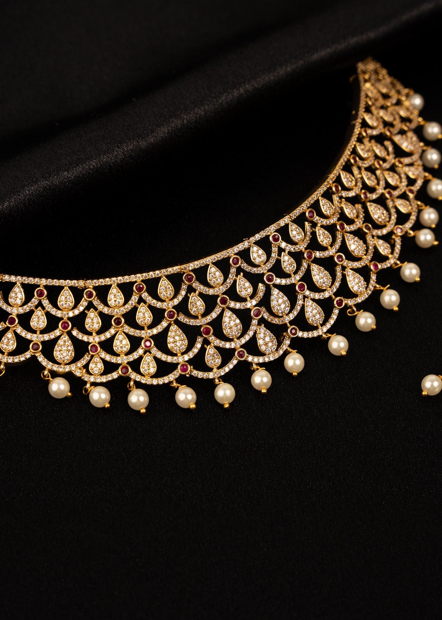 Luxury Moissanite Choker Necklace set with Pearl Drops/ Statement Moissanite Choker Necklace/ Indian Bridal Jewelry/ Gold Plated Moissanite