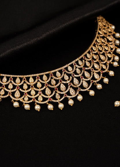 Luxury Moissanite Choker Necklace set with Pearl Drops/ Statement Moissanite Choker Necklace/ Indian Bridal Jewelry/ Gold Plated Moissanite