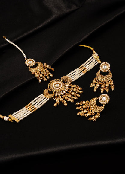 Antique Gold Choker Necklace Set with Tikka/ Indian Jewelry/ Traditional Jewelry/  Gold Plated Jewelry/ Bridal Jewelry/ Multi/ Reception