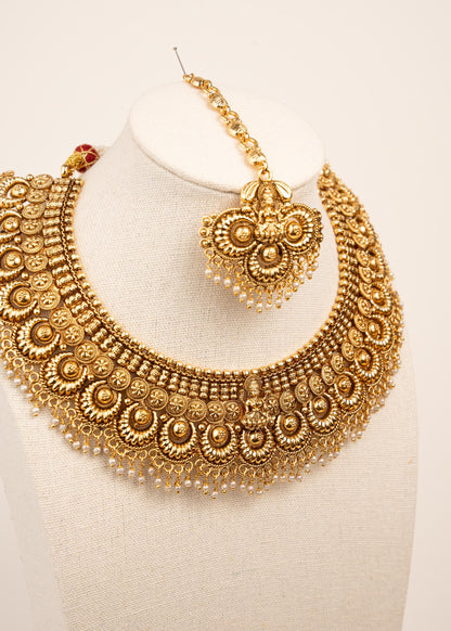 High Quality Antique Temple Jewelry Set/ Traditional South Indian Bridal Choker Necklace/ Gold Plated Temple Set/ Lakshmi Jewelry Set
