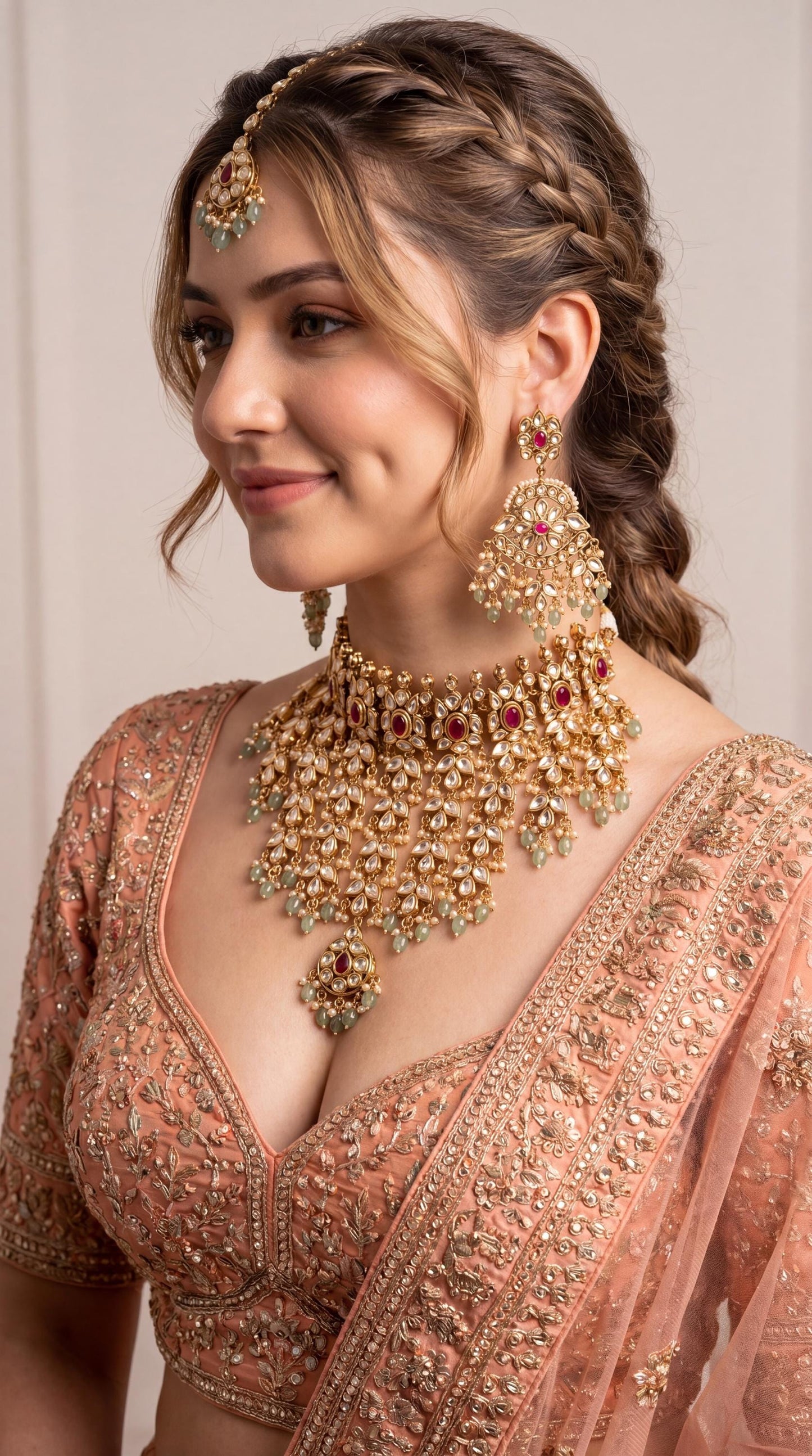 Royal Polki Kundan waterfall Choker Set/ Antique Gold Bridal Necklace Set with Green Beads/ Indian Wedding Jewelry/ Heavy Bridal Necklace