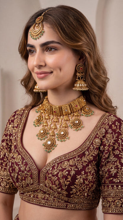 Premium Gold Plated Bridal Choker Necklace Set/ Traditional Antique Gold Kundan Jewelry/Indian Heavy Bridal Jewelry/ Pakistani Jewelry (etsy image id: 8032204505)