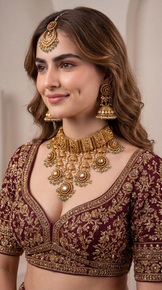 Premium Gold Plated Bridal Choker Necklace Set/ Traditional Antique Gold Kundan Jewelry/Indian Heavy Bridal Jewelry/ Pakistani Jewelry (etsy image id: 8032204505)