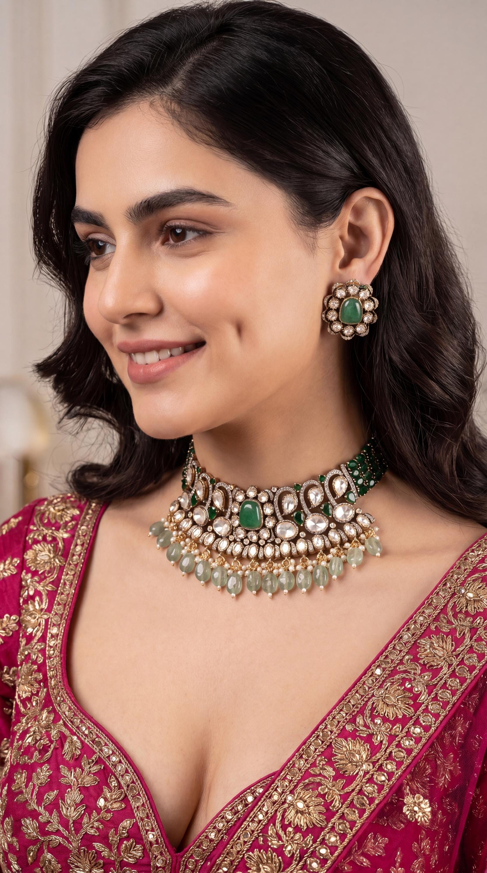Premium Kundan Choker Necklace Set/ Indian Bridal Polki Choker Set/ Emerald Green Polki Kundan Necklace/ Pakistani Jewelry/ Reception (etsy image id: 8032208727)