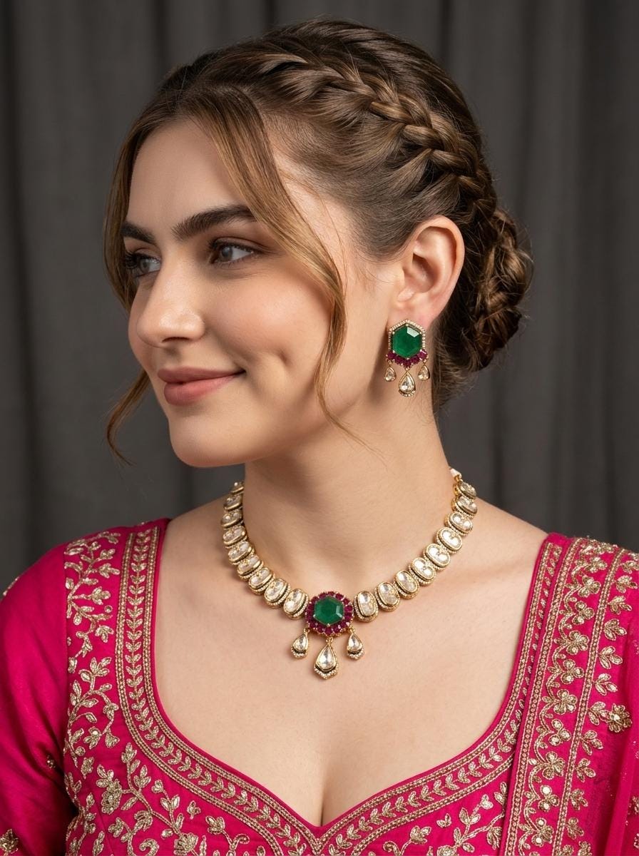 Premium Kundan Polki Necklace Choker Set/ Minimal Choker Necklace/ Indian Pakistani Jewelry/ Lightweight Wedding Jewelry/Green stone Pendant (etsy image id: 8036115923)