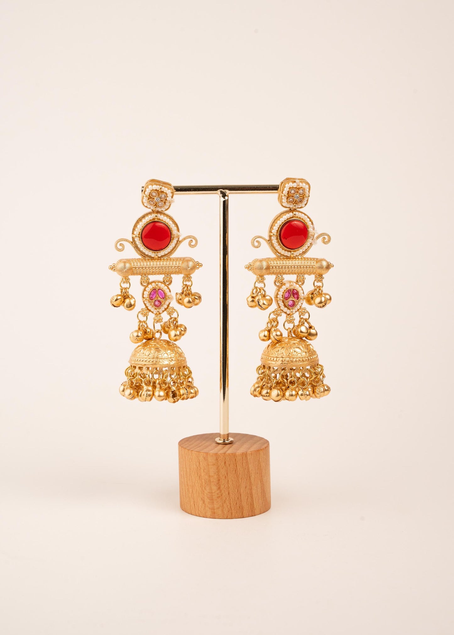 Gold Plated Kashmiri Earrings/ Ghungroo Earrings/ Indian Jewelry/ Kundan Polki Earrings/ Antique Gold Jhumkas/  Dangler Earrings/ Pink/ Ruby (etsy image id: 8043424237)