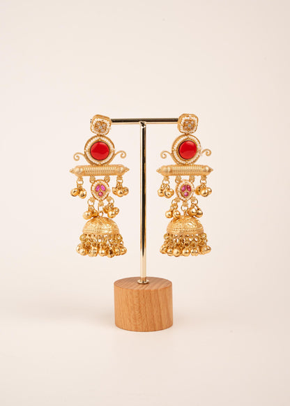 Gold Plated Kashmiri Earrings/ Ghungroo Earrings/ Indian Jewelry/ Kundan Polki Earrings/ Antique Gold Jhumkas/  Dangler Earrings/ Pink/ Ruby (etsy image id: 8043424237)