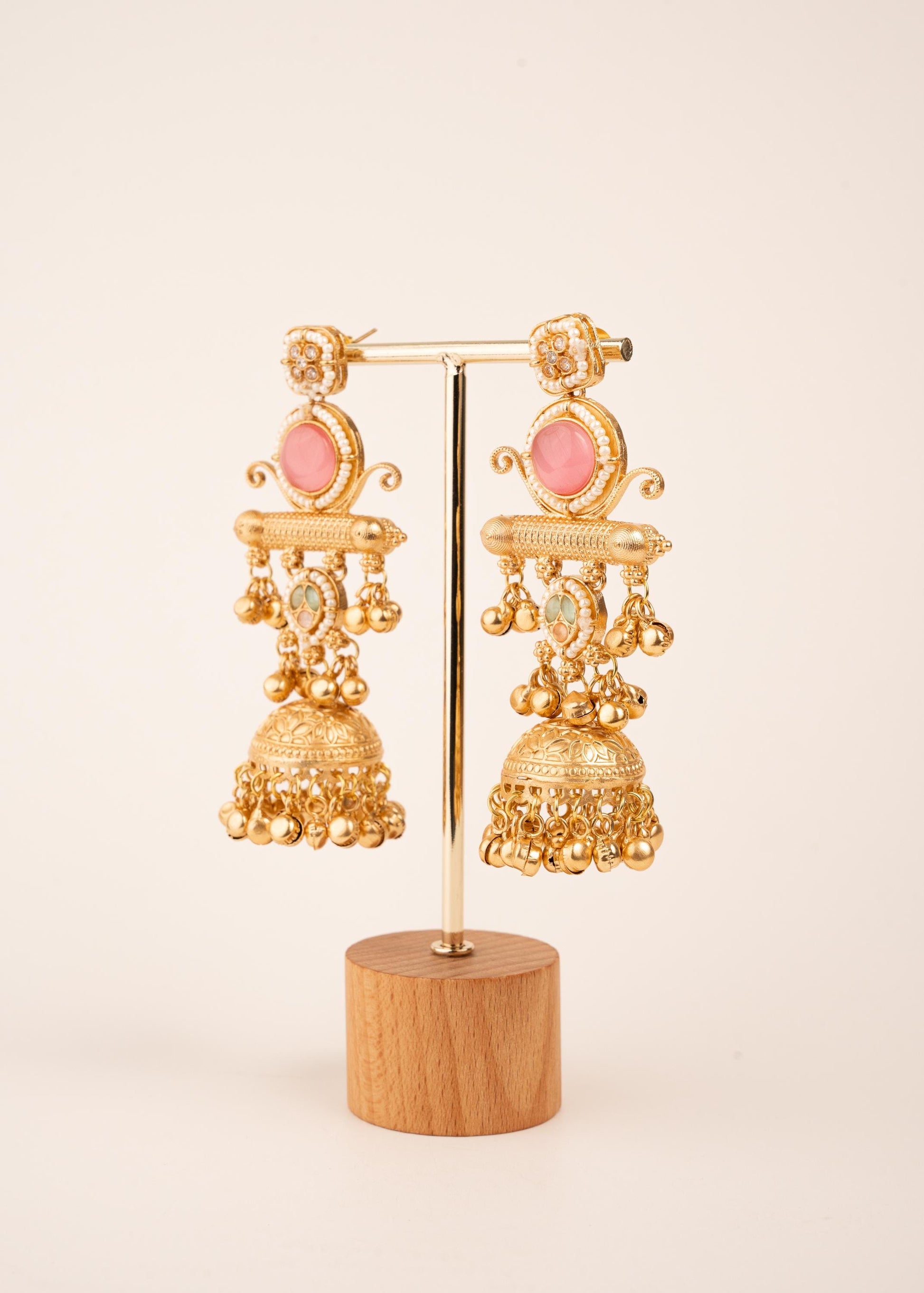 Gold Plated Kashmiri Earrings/ Ghungroo Earrings/ Indian Jewelry/ Kundan Polki Earrings/ Antique Gold Jhumkas/  Dangler Earrings/ Pink/ Ruby (etsy image id: 8043429231)