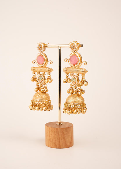 Gold Plated Kashmiri Earrings/ Ghungroo Earrings/ Indian Jewelry/ Kundan Polki Earrings/ Antique Gold Jhumkas/  Dangler Earrings/ Pink/ Ruby (etsy image id: 8043429231)