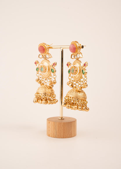 Kashmiri Kundan Jhumka Earrings/ Antique Gold Earrings/ Ghungroo Earrings/ Trendy Jewelry/ Long Earrings/ Viral Kashmiri Earrings/ Emerald (etsy image id: 8043447765)