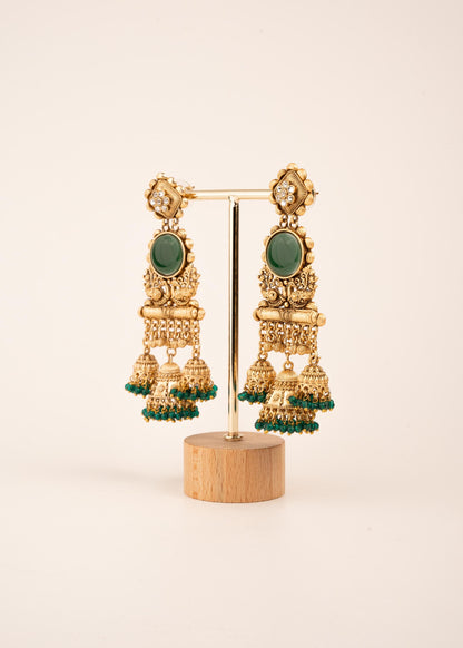 Designer Kashimiri Temple Jhumka Earrings/ Ghungroo Earrings/ Sabyasachi Inspired Earrings/ Antique Gold Jhumka Earrings/ Emerald/ Ivory (etsy image id: 8043520895)