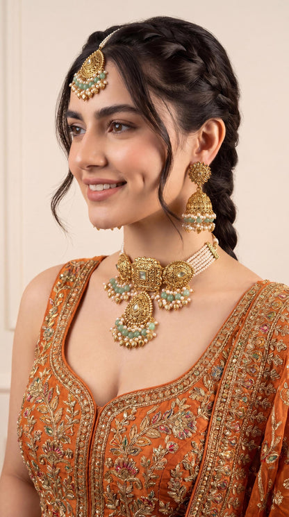 Viral Gold Plated Necklace Set with Maang Tikka/ Indian Jewelry/ Traditional Choker Necklace Set/ Pakistani Jewelry/ Statement Necklace