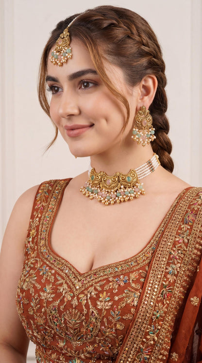 Premium Gold Plated Necklace Choker Set/ Indian Jewelry/ Traditional Necklace Set/ Festive Jewelry/ Pakistani Jewelry/ Indian Bridal Jewelry