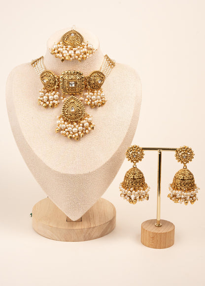 Viral Gold Plated Necklace Set with Maang Tikka/ Indian Jewelry/ Traditional Choker Necklace Set/ Pakistani Jewelry/ Statement Necklace